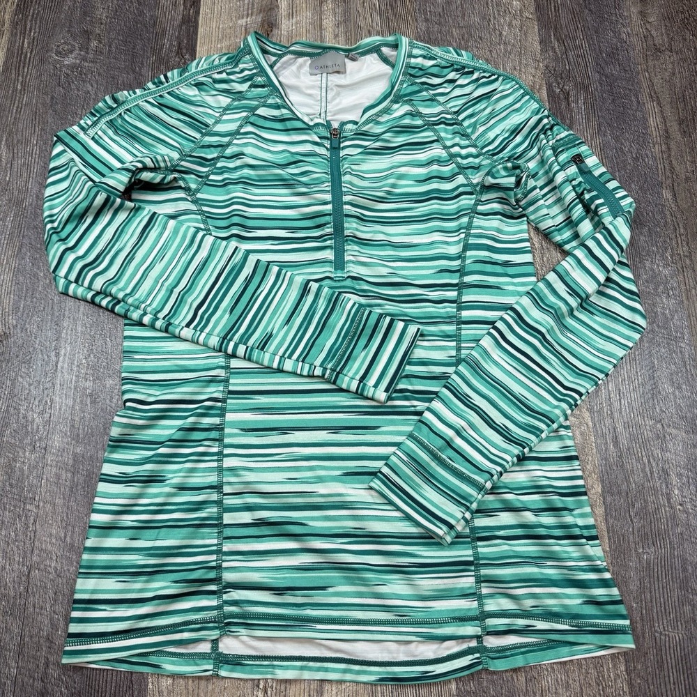 Athleta Printed Pacifica UPF 50+ 1/4 Zip Pullover Top Womens Medium Green Stripe